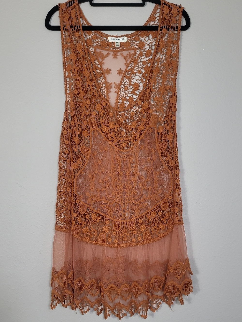 Roommates Crochet Sheer Lace Tunic Top Size 1X Brown Boho Cover Up Festival
